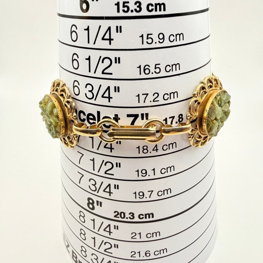 Vtg Oval Jade Chip Cluster Confetti Panel Link Bracelet Gold Tone Filigree 7" - Picture 10 of 10
